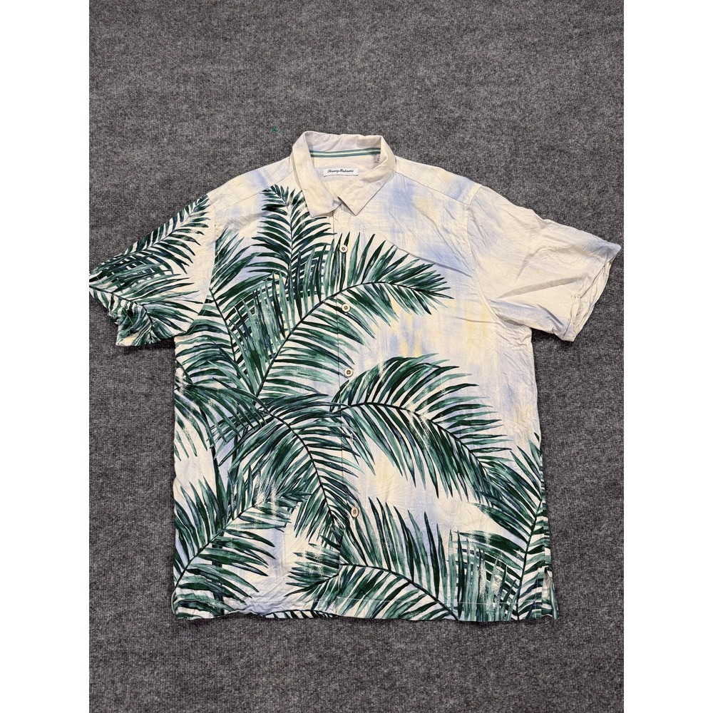 Tommy Bahama Shirt Mens Large Green Palm Print Silk Camp Hawaiian Button‎ Up